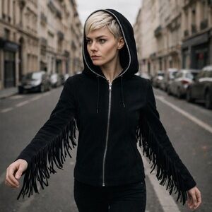 Keiser Clark Black Suede Fringe Hooded Jacket Zip Up Avant Garde Medium